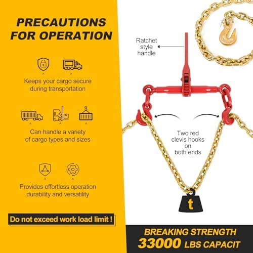 3/8" to 1/2" Ratchet Chain Binder 9200LBS with G80 3/8" X 10FT Binder Chain 5400LBS,with Grappling Hook,for Tie Down Heavy Loads to a Truck or Flatbed Trailer (2 Set) - Image 5
