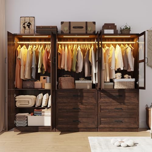 Hlivelood 75" Tall Farmhouse 6 Doors Armoire Wardrobe Closet with 6 Drawers and LED,Freestanding Closet Wardrobe Cabinet for Bedroom with Hanging Rod,Wooden Armoire Storage Cabinet(Brown 6 Doors 2) - Image 3