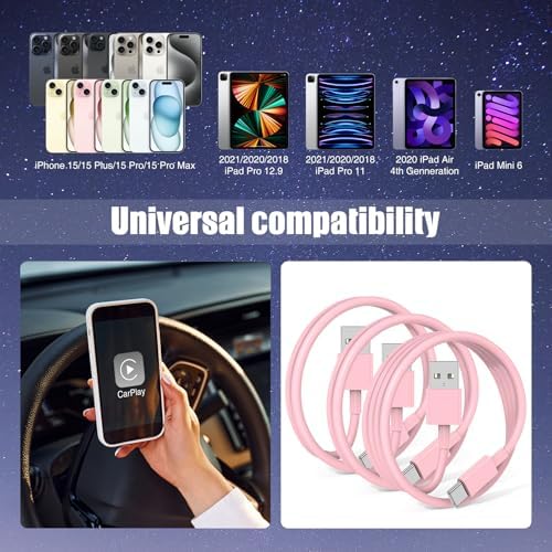 3-Pack Pink [3.3FT+3.3FT+6FT] USB A to USB C Cable，USB to USB C Car Carplay Cable for iPhone 16 15 Pro Plus Pro Max，for iPad Pro/Air/Mini，for Samsung S24/S23/S22/S21，for MacBook Pro/Air and More - Image 6