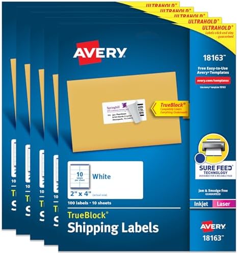 Avery Printable Shipping Labels with Sure Feed, 2" x 4" Customizable Stickers, White, 500 Blank Mailing Labels, Great for Mailing, Shipping, and More (5-Pack of 18163) by Avery