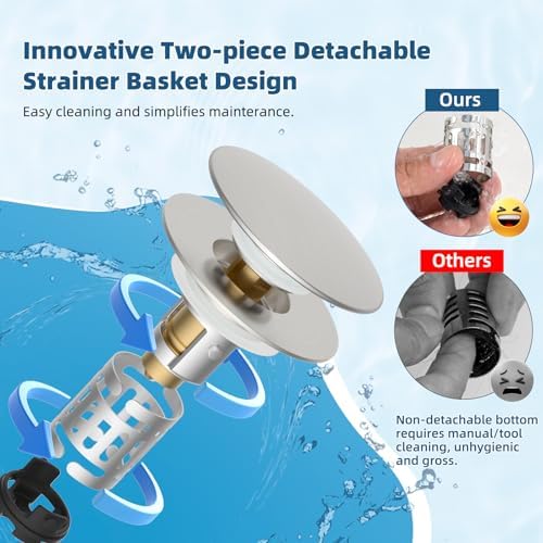 Hibbent Upgraded 3 in 1 Bathroom Sink Drain Strainer, Pop Up Sink Stopper with Big Push Cap, Anti-Clogging Metal Filter Basket,Sink Plug with Hair Catcher for 1.1''~2.36'' Basin, Brushed Nickel - Image 4