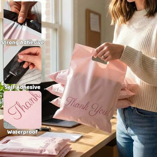 Donyson Pink Poly Mailers with Handle, 12x15, 50 Pack, Thank You Bags - Image 3
