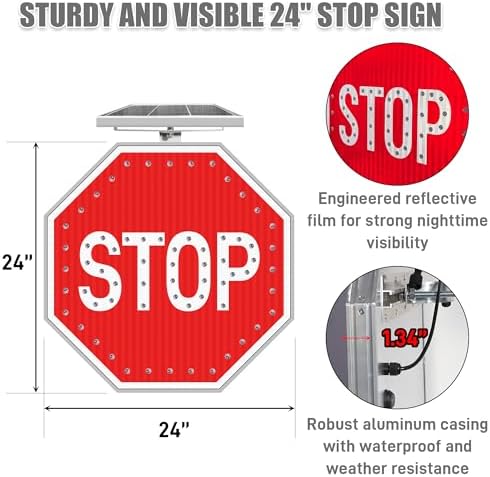 24" Solar Stop Sign with LED Flashing Lights, Traffic Street Road Stop Warning Sign Solar Powered with Aluminum Frame and Engineered Reflective film, High Visibility & IP65 Wateproof for Outdoor - Image 3