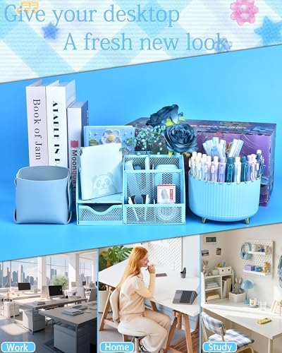 Blue Desk Accessories and Organizers with Desk Organizer and 360°Rotating Pen Holder stapler Pen and a Lot of Office Blue Office Supplies Beautifully Presented in a Gift Box - Image 3