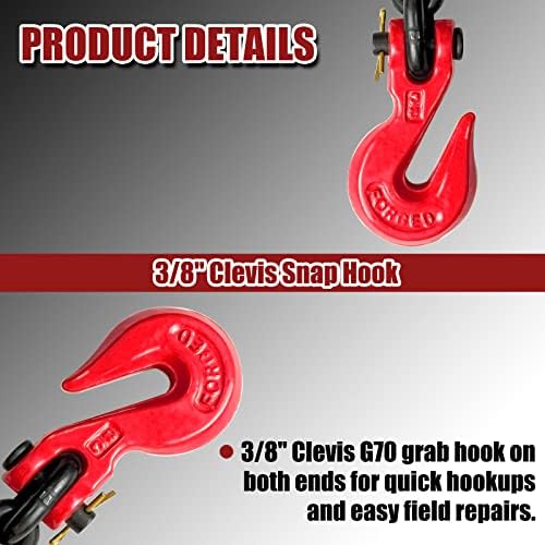 G80 Transport Binder Chain 3/8 Inch x 10 Foot | Tow Chain with Clevis Grab Hooks | 7,100 lbs Safe Working Load | Heavy Duty Chain for Transporting Towing (3/8'' x 10FT (Black)) - Image 5