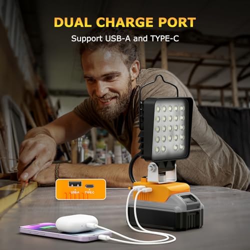 4 Pcs LED Work Light for Dewalt 20v Max Battery, 90W 9600LM Battery Light for Dewalt 20v Tools, Portable Outdoors Cordless Flood Lighting with USB & Type-C Charging Port, Low Voltage Protection - Image 2