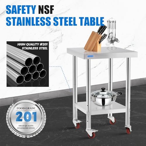 KUARBARR Stainless Steel Table for Prep & Work with 4 Caster Wheels with Undershelf 18 x 24 NSF Metal Commercial Kitchen Prep Table with Adjustable Under Shelf Worktable for Restaurant Home Outdoor - Image 3