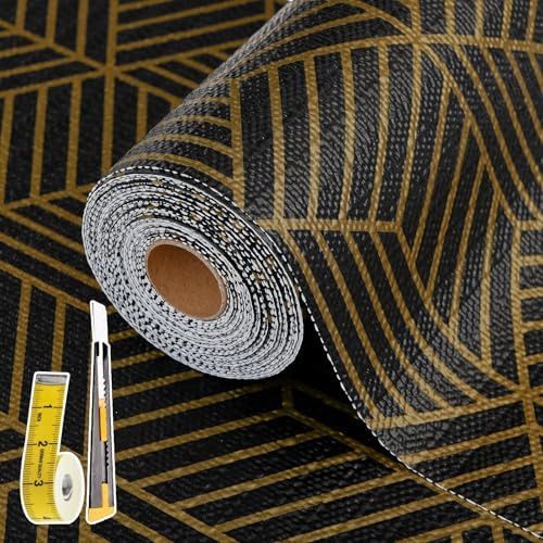 Shelf Liners for Kitchen Cabinets 23in x 20FT, Non Adhesive Cabinet Liner Strong Non-Slip Black Gold Geometric Drawer Liner, Easy to Clean for Shelf, Cabinet with Knife and Tape Measure by Kimhan