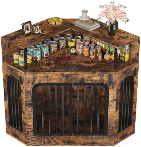 kepptory 46" Corner Dog Crate Furniture, Space Saving Wooden Dog Kennel with TV Stand & Side Table, 200 lbs Weight Capacity, Pet Cage with Secure Lock, Easy Assembly Indoor Crate by kepptory