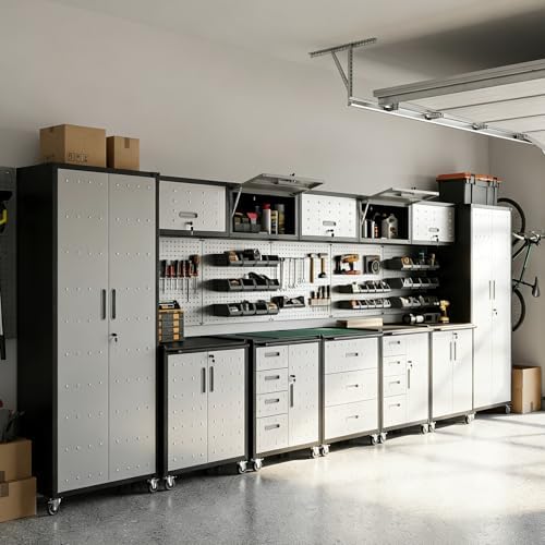 12-Piece Heavy Duty Steel Garage Cabinet System | All-in-One Modular Garage Cabinet Set for Ultimate Workshop Organization | Easy Assembly Garage Storage Cabinets & Tool Bench by VIYET