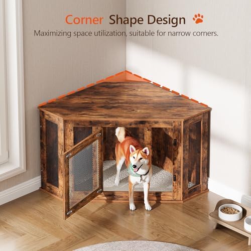MAHANCRIS Corner Dog Crate Furniture, Wooden Dog Kennel End Table, Decorative Pet Crate Indoor Use, Furniture Style Dog House for Small Medium Dog, Dog Cage TV Stand, Rustic Brown DCRB0801 - Image 2