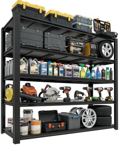 5-Tier Heavy Duty Garage Shelving, 5000LBS Capacity, 84" H x 62" W x 24" D, Boltless Adjustable Metal Storage Rack for Garage, Warehouse, Basement, Shop, Pantry, Black by Unknown