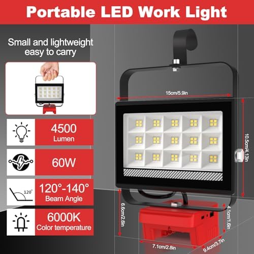 T-SUN 60W Cordless Work Light Compatible with Milwaukee 18V/20V Battery - Image 4