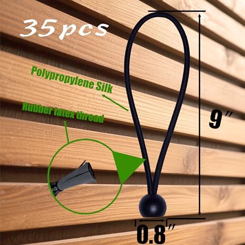 Bungee Cords with Balls 35PCS, 9 Inch Heavy Duty Ball Bungees for Canopy Tarp, Tent, Outdoor, Black Elastic Ties for Secure Hold – No Odor, Durable, UV Resistant (35, B9) - Image 2