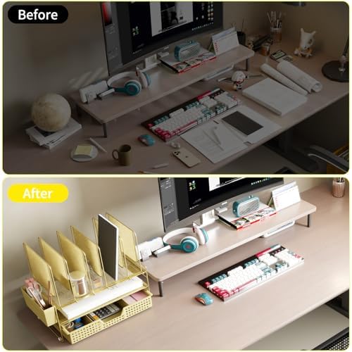 LEKETREE Gold Desk Organizer, Office Organization with Vertical File Holder, File Organizer with Drawer and Pen Holder, Desk Accessories and Workspace Organizers for Home Office (Gold) - Image 4