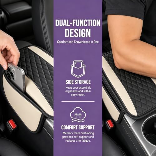 Center Console Cover, PU Leather Car Armrest Cushion with Side Storage Pockets, Universal Armrest Protector Organizer for SUV Truck Sedan (Beige) - Image 5