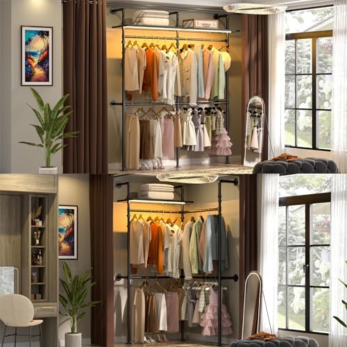 Aheaplus Industrial Pipe Clothing Rack, 79.7'' Closet System with LED Light - Image 4