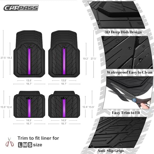 CAR PASS Metal Medium Rubber Floor Mats for Car Heavy Duty Car Mats All Weather, Universal Trim to Fit for Truck SUV Vehicle Automotive Floor Mats, Waterproof Car Mats 4 Piece Black Purple - Image 3