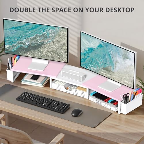 OPNICE Desk Organizers and Accessories, Dual Monitor Stand Riser with Drawer and 2 Pen Holders, Desk Shelf Computer Racks for Office Workspace Organizers, Desktop Organization (Pink-White) - Image 4