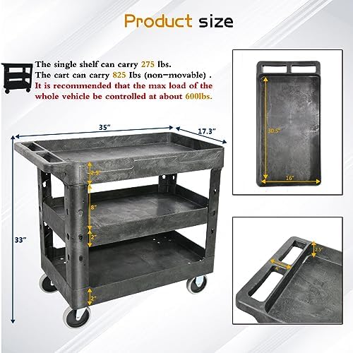 AQNIEGEP 3 Shelf Utility Cart Heavy Duty Rolling Cart with Brake Wheels Storage Service Cart w/Deep Shelves for Warehouse Workshop Cleaning Office Restaurant Commercial Moving 600lbs Capacity Black - Image 5