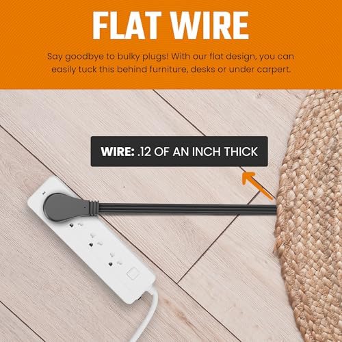 Flat Plug Extension Cord 8 FT Black 3 Outlet 3 Prong Grounded Indoor Extension Cord Low Profile Wall Hugger Angled Plug 16/3 Heavy Duty Power Cord 13A 125V for Home Office TV Desk Dorm - Image 3