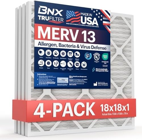 BNX TruFilter 18x18x1 Air Filter MERV 13 (4-Pack) - MADE IN USA - Electrostatic Pleated Air Conditioner HVAC AC Furnace Filters for Allergies, Pollen, Mold, Bacteria, Smoke, Allergen, MPR 1900 FPR 10 by BNX