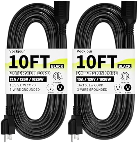 Vockjour 16/3 Black Indoor Outdoor Extension Cord 10 Ft 2 Pack Waterproof by Vockjour