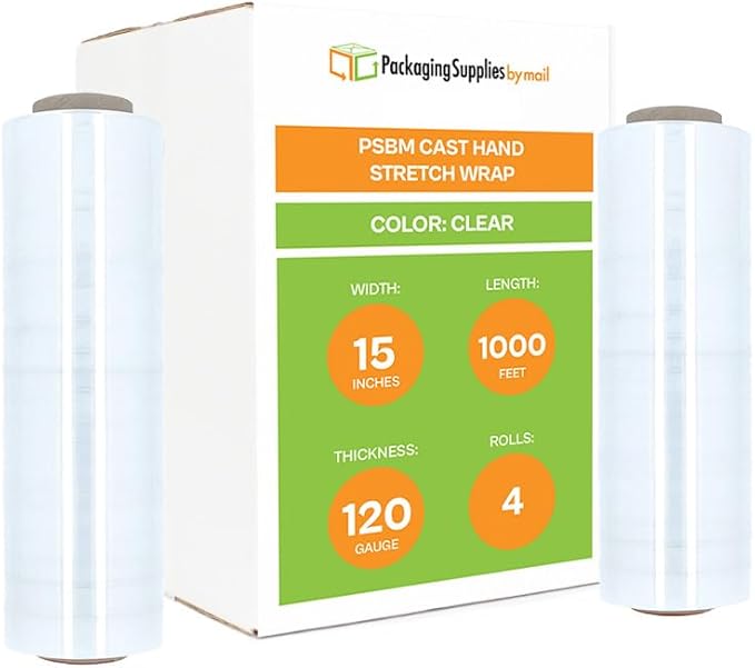 PSBM Stretch Wrap, 4 Pack, 15 Inch x 1000 Feet, 120 Gauge, Cast Hand Stretch - Image 2