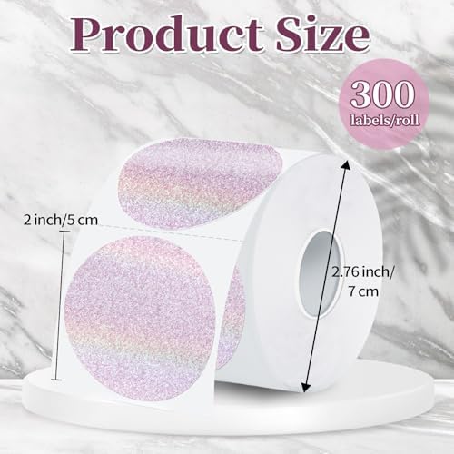 2 Inch Holographic Thermal Labels,Pink Round Thermal Printer Labels,Printable Round Thermal Printer Labels Self-Adhesive Direct Thermal Label(300 Labels/Roll Pink) - Image 2