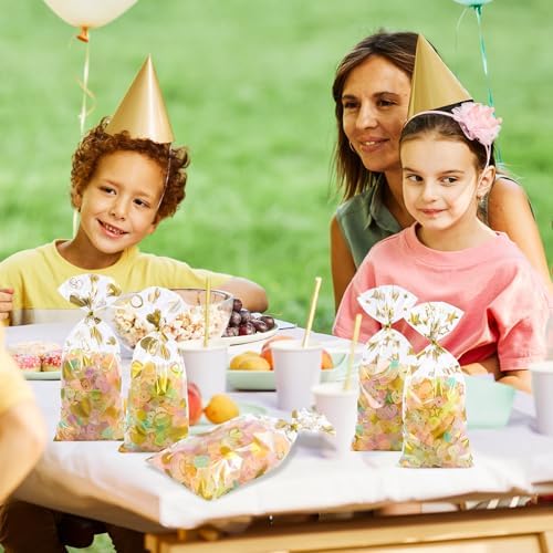 COQOFA 100 Pcs Gold 5"X11" Gift Wrap Cellophane Treat Bags Clear Party Favor Candy Cookie Bags Plastic Goodie Storage Bag with Twist Ties for Birthday, Wedding,Party Decorations(4 Patterns) - Image 6