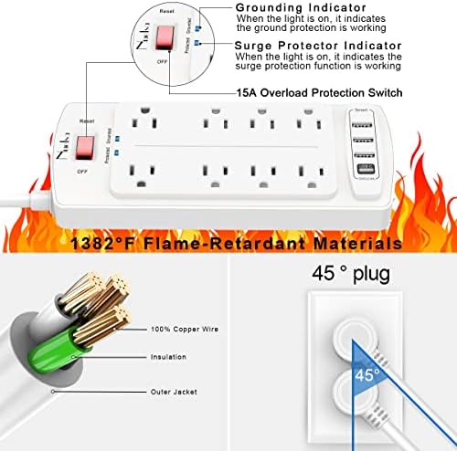 Surge Protector Power Strip - Nuetsa Flat Plug Extension Cord with 8 Outlets and 4 USB Ports, 20 Feet Power Cord, 2700 Joules, ETL Listed, White - Image 6