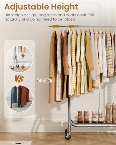 Heavy Duty Garment Rack, Metal Clothes Rack Load 450 LBS, Rolling Clothing Racks for Hanging Clothes with Lockable Wheels, Wardrobe Closet Coat Racks for Bedroom, Silver - Image 6