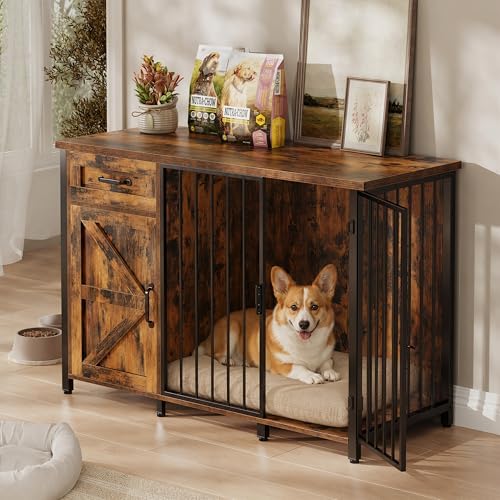 kepptory 30 Inch Dog Crate Furniture with Cabinet, Heavy Duty Farmhouse Dog Kennel with Charging Station, Wooden End Table TV Stand with 900 LBS Capacity and Adustable Feet by kepptory