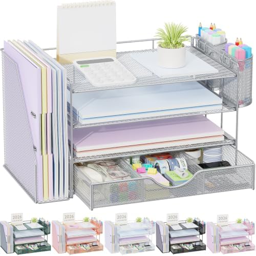 gianotter Desk Organizers and Accessories with File Holder, 4-Tier Desk Accessories & Workspace Organizers with Drawer and 2 Pen Holder, Paper Organizer for Office Supplies (Grey) by gianotter