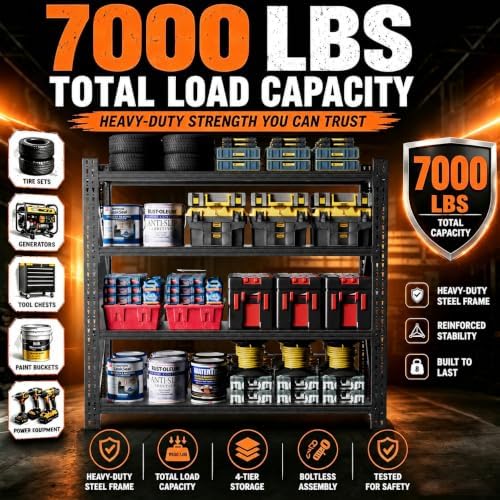 7000LBS Garage Shelving, 79" W Heavy Duty Metal Adjustable 4 Tier Storage for Warehouse, Basement, Shop and Office, Commercial-Grade Industrial Shelving, 79" W x 24" D x 75" H - Image 3