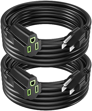 Power Extension Cord 10FT(2 Pack), 3 Prong Grounded Electric Extension Cable Outlet Saver, Single Outlet, Heavy Duty, Waterproof, Flexible, 16AWG, STJW, 13A 125V, Indoor Wires for Home and Office by ECJTU-US
