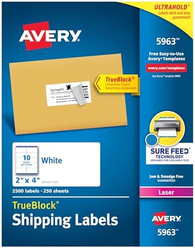 Avery® Printable Shipping Labels, Sure Feed® Technology, 2" x 4" Customizable Stickers, White, 2,500 Blank Mailing Labels, Great for Mailing, Shipping, and More (5963) by Avery