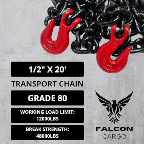 4PK - Falcon Cargo 1/2" X 20' Grade 80 Transport Binder Chain - 12,000 LBS WLL - Clevis Grab Hook, Tie-Down, Towing - Image 2