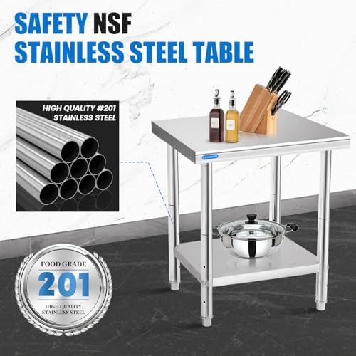 KUARBARR Stainless Steel Table for Prep & Work with Undershelf 24 x 24 Inches NSF Metal Commercial Kitchen Prep Table with Adjustable Under Shelf Worktable for Restaurant Home Outdoor - Image 3