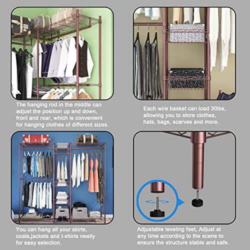 XIOFIO 6 Tiers Heavy Duty Garment Rack,Clothing Storage Organizer, Metal Clothing Rack,Clothing Rack with Hanging Rod,Adjustable Shelf and Fixed Baskets,60.7"L x 15.7"W x 70.5"H Max Load 720LBS,Bronze - Image 5