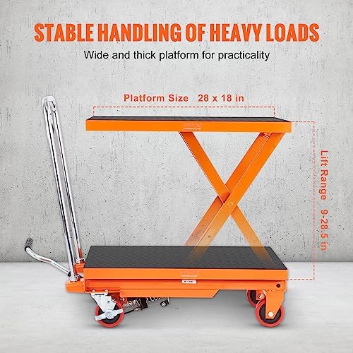 VEVOR TF23 Hydraulic Lift Table Cart, 500lbs Capacity 28.5" with 4 Wheels and Non-Slip Pad, for Material Handling and Transportation, Orange - Image 3