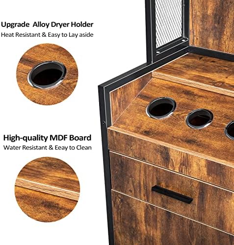 OmySalon Salon Station 3-Tier Storage Shelf, Barber Stations Beauty Spa Equipment Hair Styling Cabinet with 1 Drawer, 1 Storage Cabinet, 3 Hair Dryer Holders, Rustic Brown - Image 6