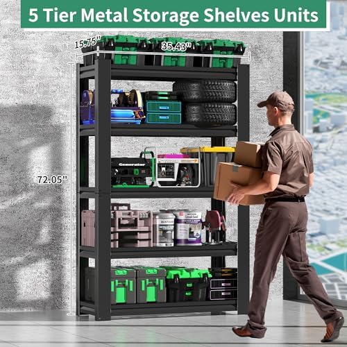 72" H Garage Shelving, Garage Shelves Heavy Duty, 5 Tier Adjustable Storage Shelves for Warehouse, Basement, Workshop, Kitchen, Require Assembly, 16''D*35.5''W*72''H, Black - Image 3