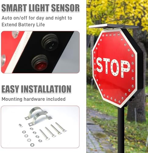24" Solar Stop Sign-LED Solar Powered Flashing Stop Sign, Heavy Duty Blinking Road Traffic Stop Warning Signs with Aluminum Frame & Engineered Reflective Film, IP65 Wateproof for Street Driveway Outdoor - Image 4