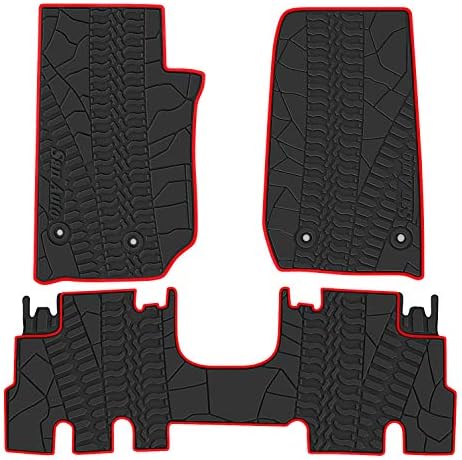 Car Floor Mat for Jeep Wrangler Sahara Rubicon JK 4 Door 2014 2015 2016 2017 2018 Full Set 4 Pieces Custom Fit Black Red Rubber Auto Floor Liner Mat All Weather Heavy Duty Odorless by SanAuto