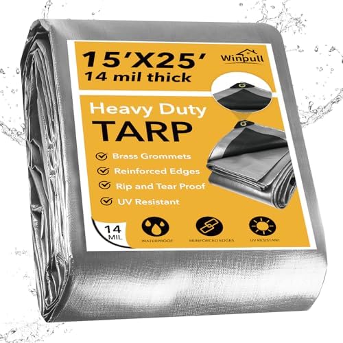 Winpull Heavy Duty Tarp 14 Mil Tarp Waterproof Silver 15x25 FT, UV Resistant Poly Tarp with Reinforced Grommets for Camping, Boat Cover, Patio Furniture, Roof, Firewood Pile by Winpull