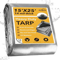 Winpull Heavy Duty Tarp 14 Mil Tarp Waterproof Silver 15x25 FT, UV Resistant Poly Tarp with Reinforced Grommets for Camping, Boat Cover, Patio Furniture, Roof, Firewood Pile by Winpull