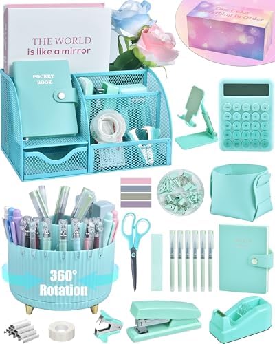 LXEVIHK Green and Blue Desk Accessories 21-Piece Office Supplies Gift Set by StyleYourDeskinOneColor