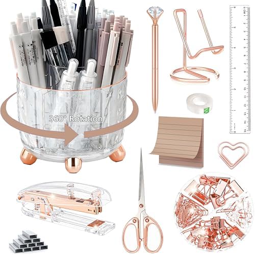 Rose Gold Desk Accessories, Office Supplies Desk Organizers 360°Pen Holder Acrylic Stapler Set, Phone Holder, Ballpoint Pen, Scissor, Binder Clips, Ruler, Transparent Glue, Sticky Note and Staples. by Dimonluce
