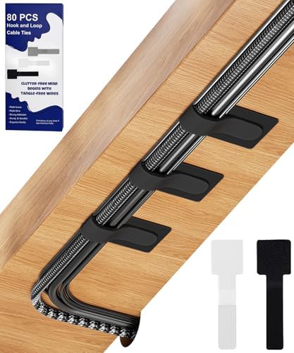 80PCS Hook and Loop Cable Ties, Under Desk Cable Management, Adhesive Cable Straps, Cord Management Hider Idea, Cord Organizer for Desk, Computer Accessories, Home Office Organization, Black+White by BTPIEL